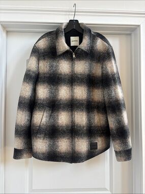 Sandro Black and Cream Plaid Zip-Up Shirt Jacket